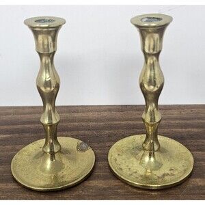 Vtg Pair Brass Candlestick Colonial Style  Screw Round Base 3.5"